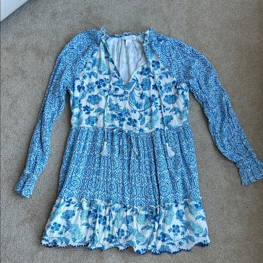 House of Harlow Blue Floral Midi Dress Large Boho Tiered Cottage Core size M
